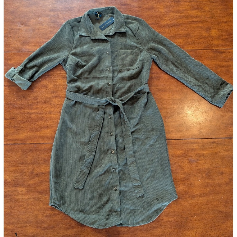 NWT Adrienne Vittadini Olive Green Corduroy Belted Shirtdress - Size Small